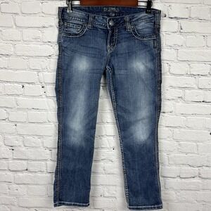 Silver Twisted Capri Jeans Womens 29 Low Rise Thick Stitch Embroidered Pockets